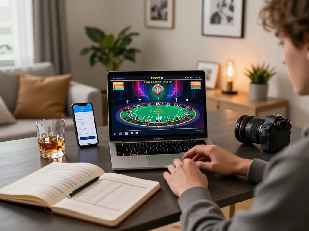 Engaging in online blackjack strategies on a laptop while reviewing bankroll management, featuring sc88.