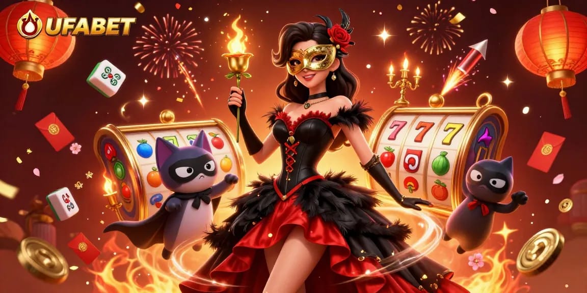 Experience thrilling moments at UFABET with an enchanting lady, slot reels, and festive elements.