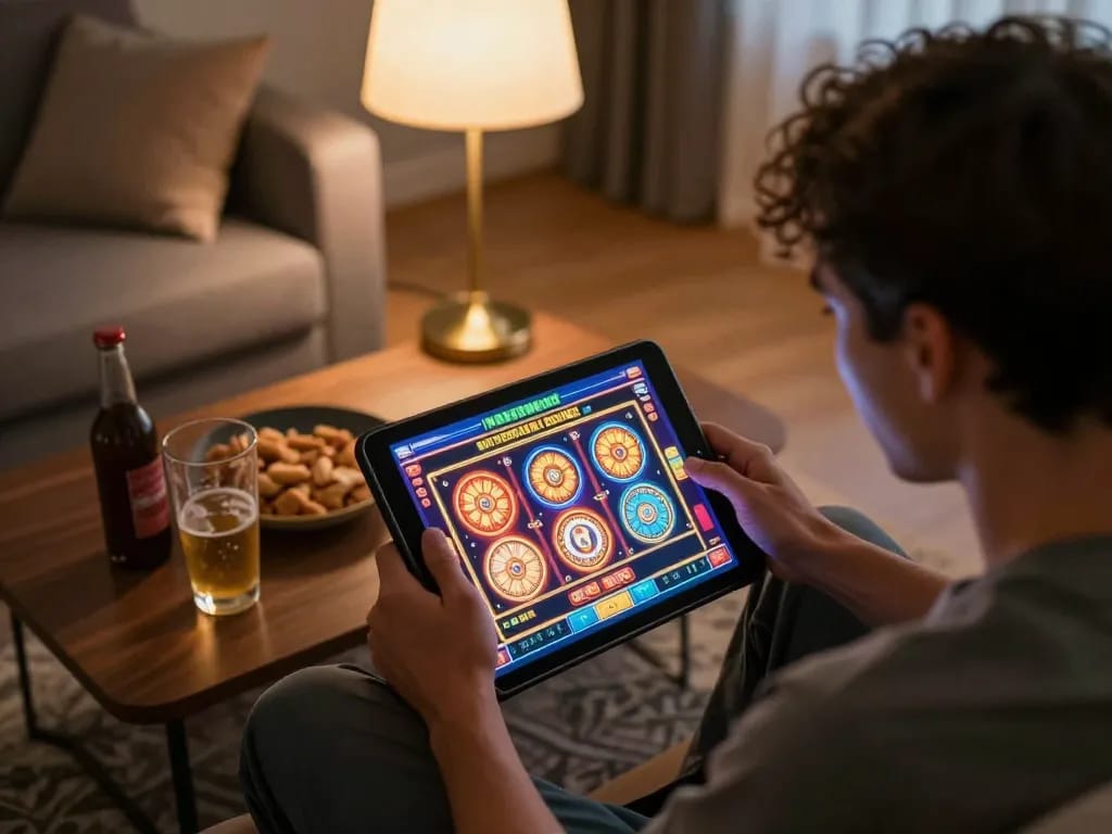 IDCASH88 player enjoying vibrant slot games on tablet in cozy home environment.