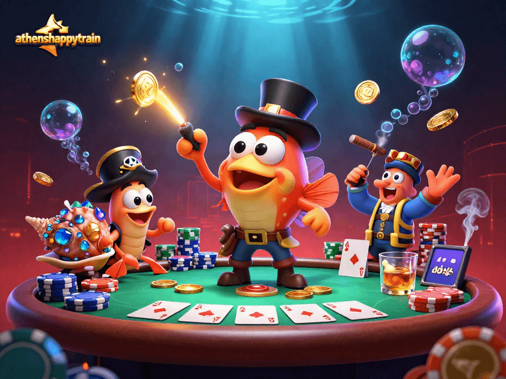 Experience the thrill of athenshappytrain with a vibrant 3D underwater casino scene featuring playful characters.
