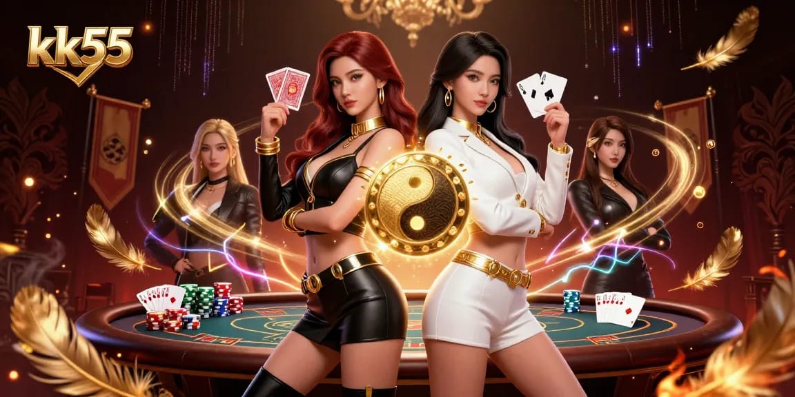 Engage in thrilling poker action with kk55 as twin Asian women showcase playing cards in a dynamic digital casino setting.
