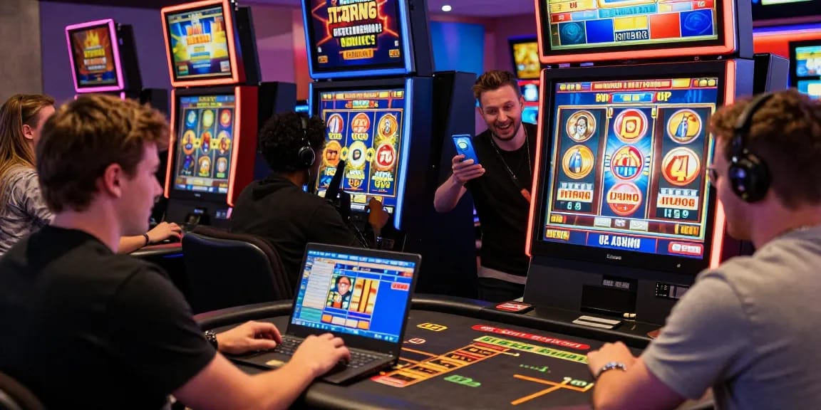 Engaged players enjoying new UK casino sites with dynamic gaming experiences on smartphones and laptops.