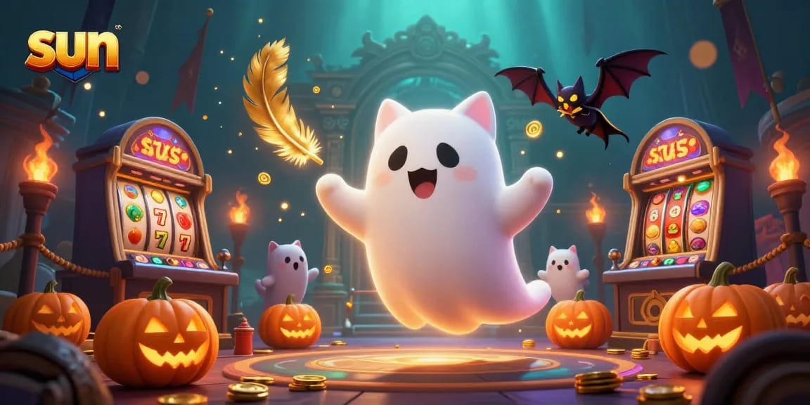 The sun illuminates a haunted casino scene where a friendly ghost cat interacts with a vampire bat amid slot games.