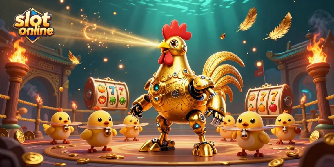 Putaran slot online yang mengesankan dengan karakter robot ayam emas dan drone, meriah dengan koin emas dan efek dramatis.