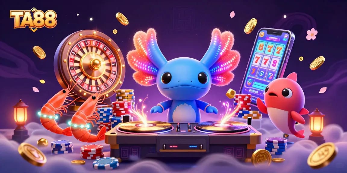 Spin with the TA88 axolotl DJ in a vibrant casino scene full of treasures and games.