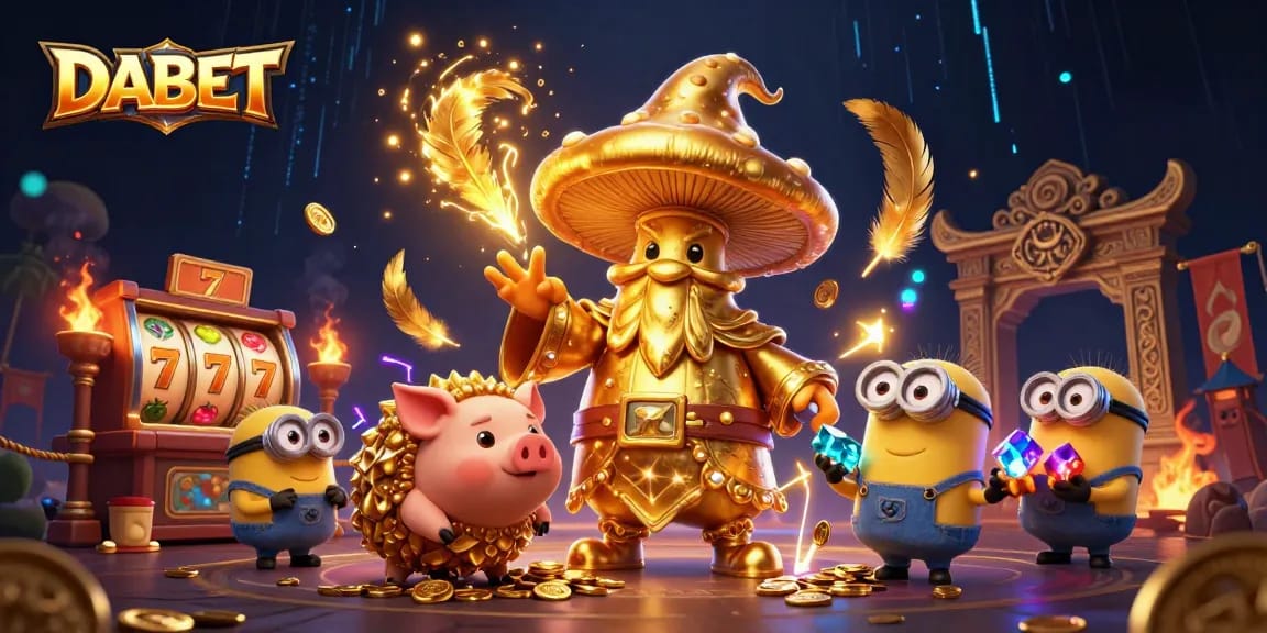 DABET takes center stage with a golden wizard amidst slot reels and treasures in a lively casino scene.