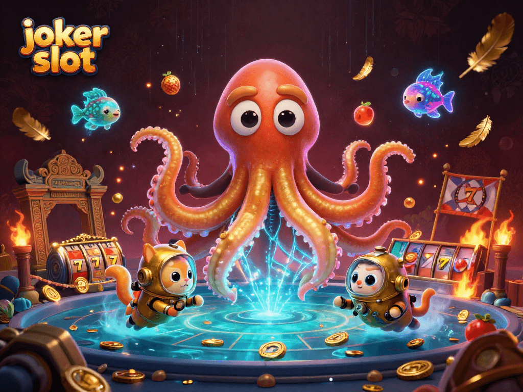 Menangkan joker slot dengan ilustrasi menarik yang menampilkan karakter kraken dan kucing selam.