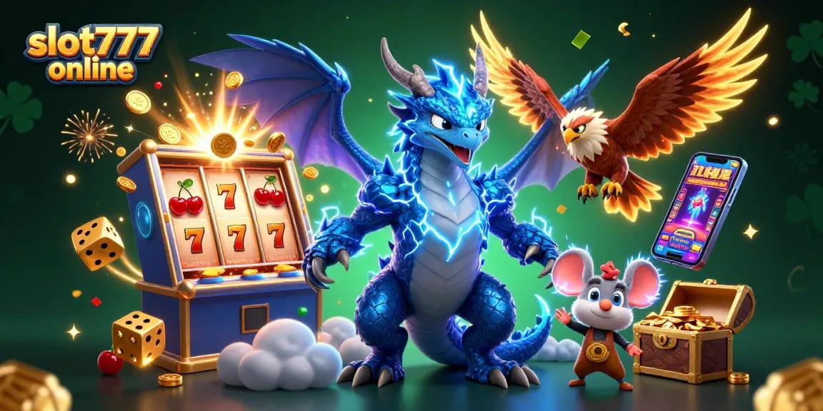 Experience excitement with slot777 online as a dynamic slot machine bursts with coins and vibrant symbols.
