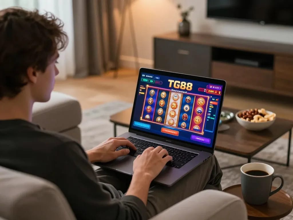Dive into TG88 gameplay with a cozy online casino scene featuring person using a laptop