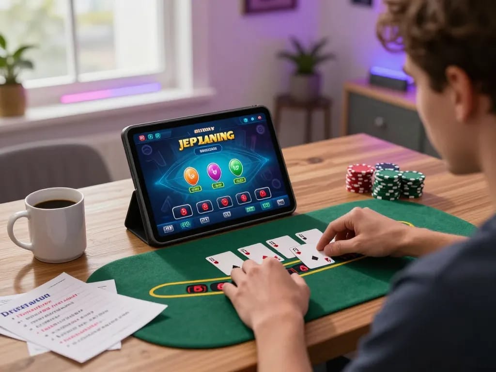 Player enjoying a blackjack game on LC99 platform, emphasizing strategic gameplay in a cozy home environment.