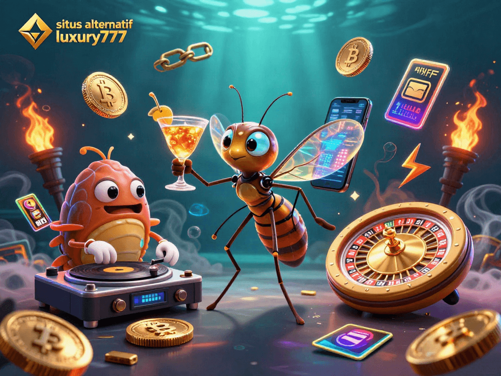 Menggambarkan situs alternatif luxury777 dengan karakter kasino menarik dalam ilustrasi 3D yang dinamis.