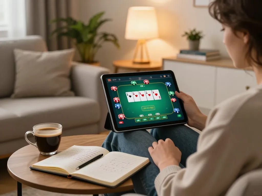 A person engages in online gambling on a tablet, featuring nhà cái uy tín poker game interface, showcasing strategic gameplay.