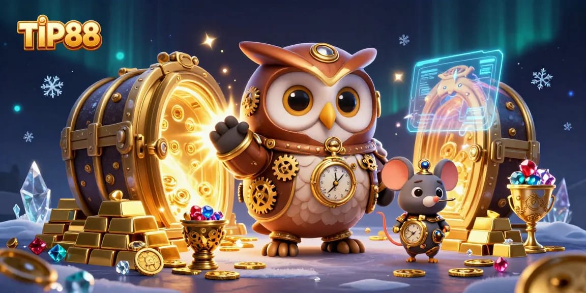 Join the adventure at TIP88 with a 3D time-traveler owl exploring a vibrant casino world.