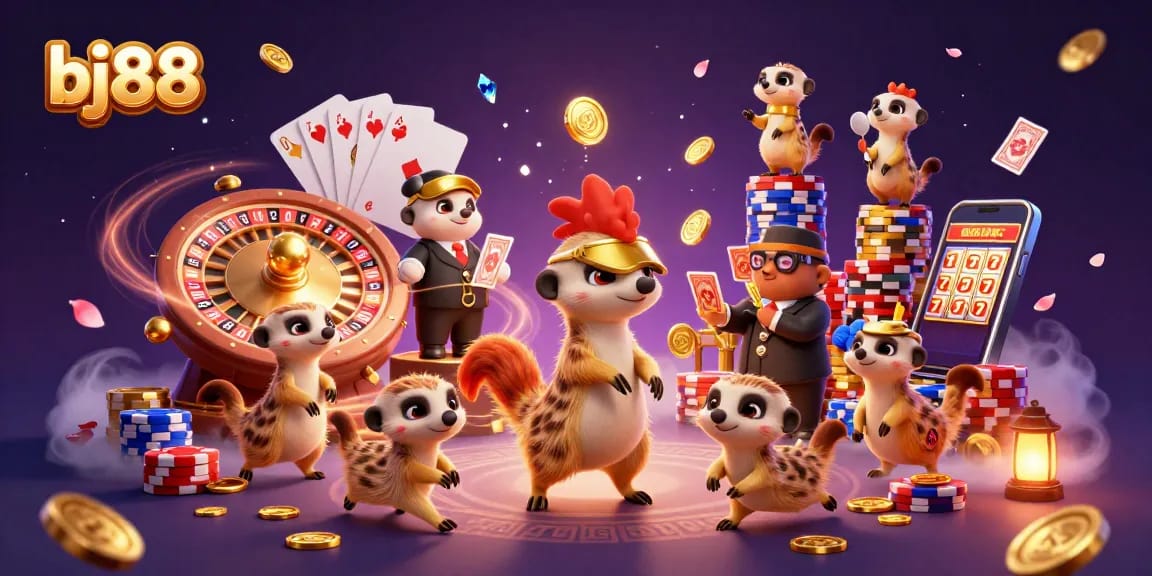 Engage in thrilling cockfighting action at bj88 with dynamic characters and vibrant casino elements.