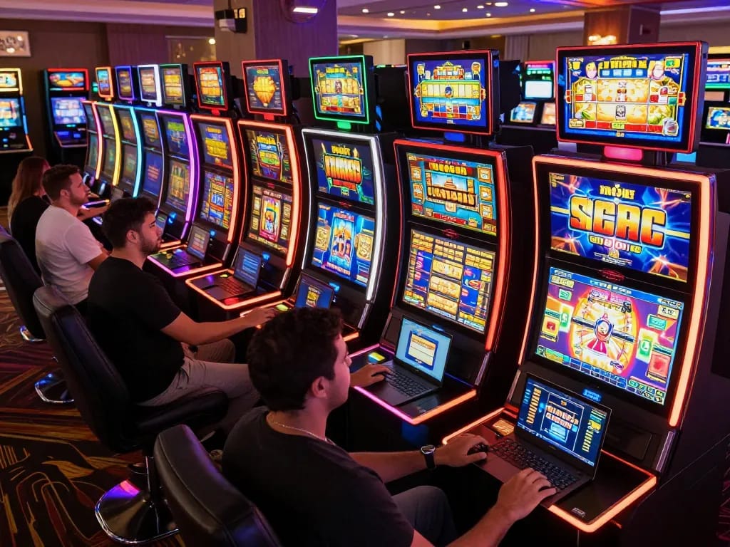 Players engaging with nổ hũ slots in a bright and vibrant online casino environment, showcasing excitement and dynamic gameplay