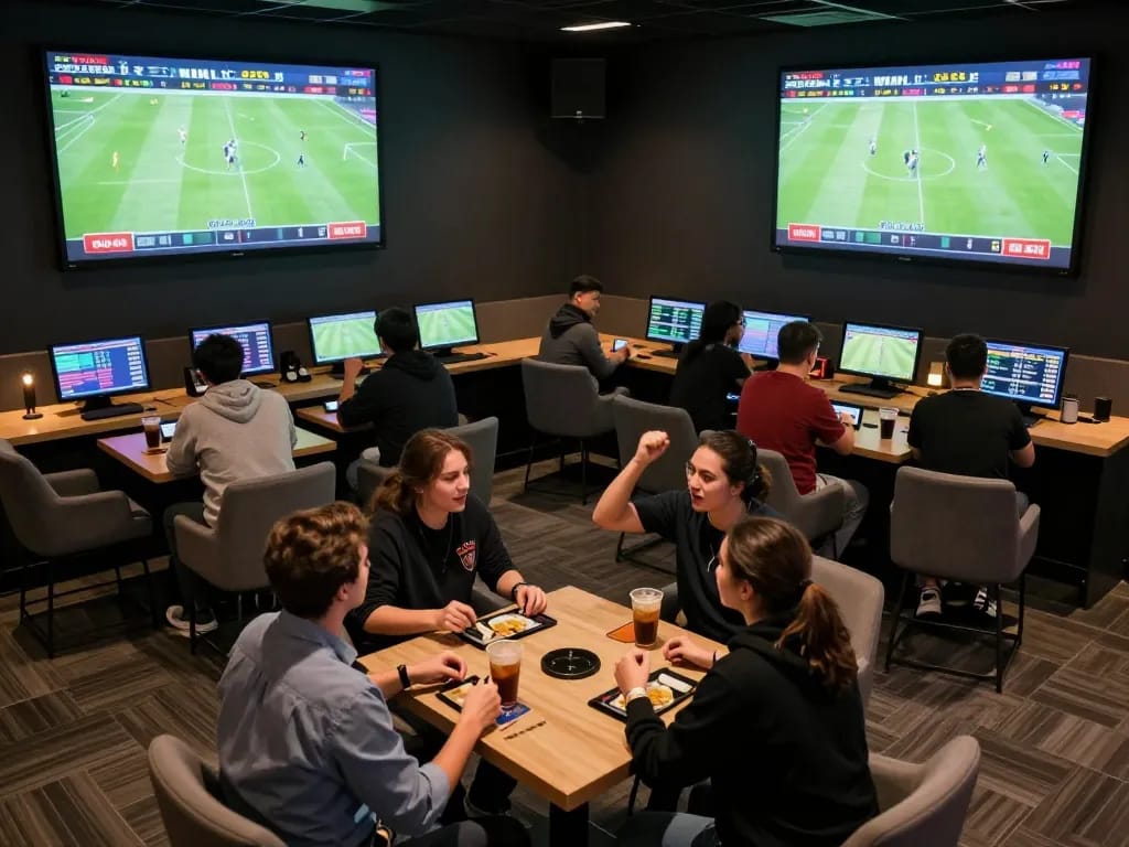 KÈO TRỰC TUYẾN with excited bettors cheering in a modern sports betting lounge during live football matches