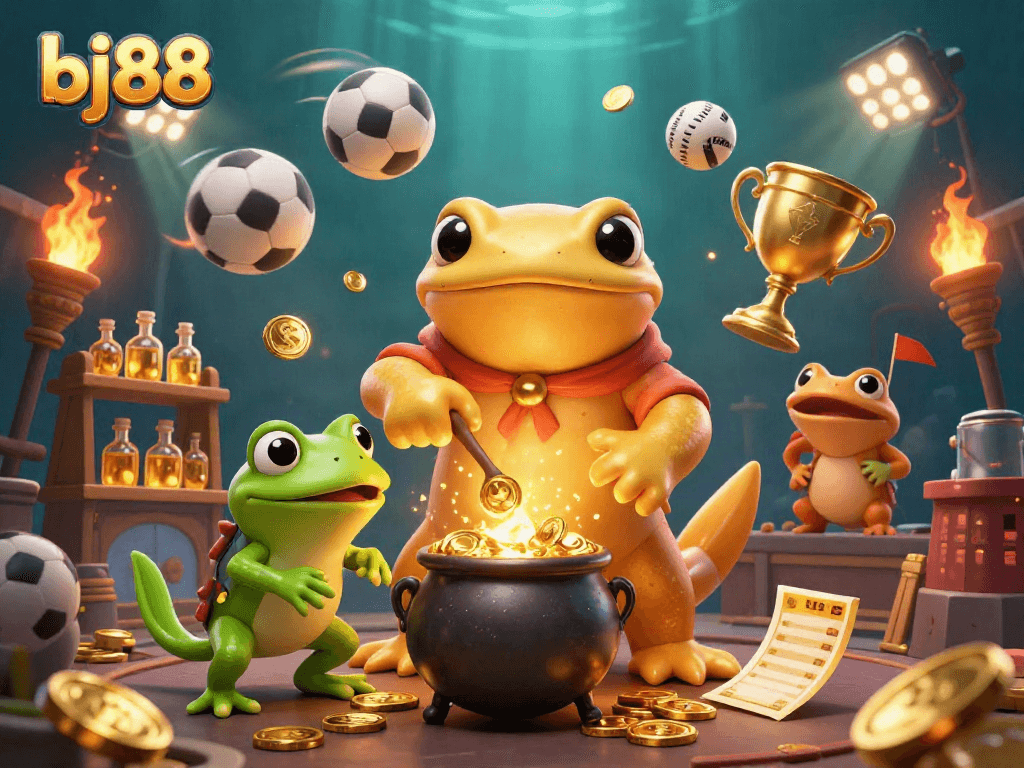 Experience thrilling gameplay with bj88 in an epic illustration featuring alchemists and sports elements.