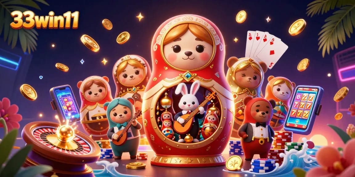33win11 brings luck with vibrant casino-themed illustration featuring fun gambling characters and dynamic casino elements.