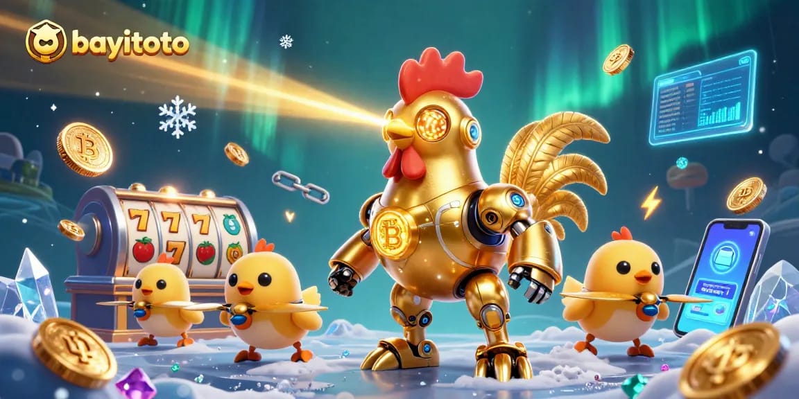 Engage in thrilling bayitoto gaming with a golden rooster robot amid slot reels and crypto coins.