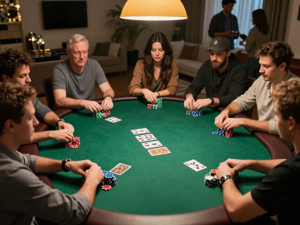 Experience the thrill of poker at home with kp88, showcasing players engaged in a tense game.