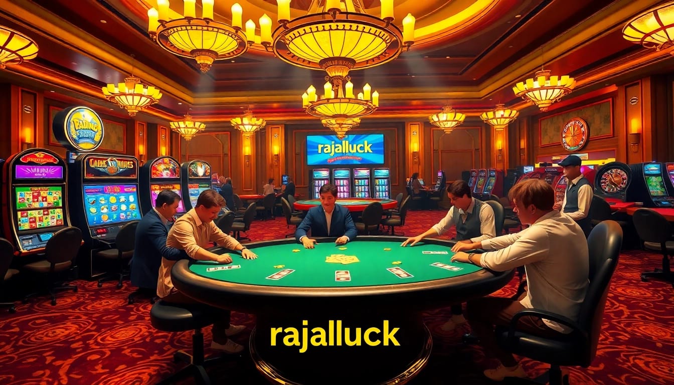 Experience the thrill of rajaluck gaming at a vibrant poker table in a luxurious casino setting.