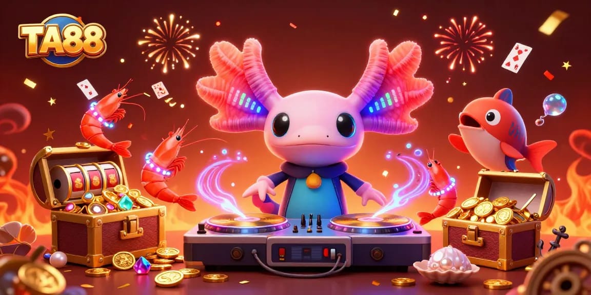 TA88 illuminates the casino scene with an energetic DJ, slot reels, and vibrant underwater treasure.
