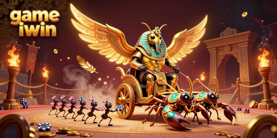 Engage with game iwin through a vibrant scene featuring a colossal golden scarab in an epic gambling arena.