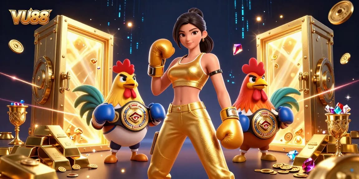 Play and win at VU88 with an exciting casino illustration featuring dynamic characters and treasures.