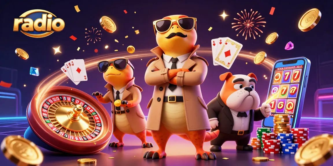 Bet on radio games with vibrant cartoon raptors in a casino scene filled with golden coins.