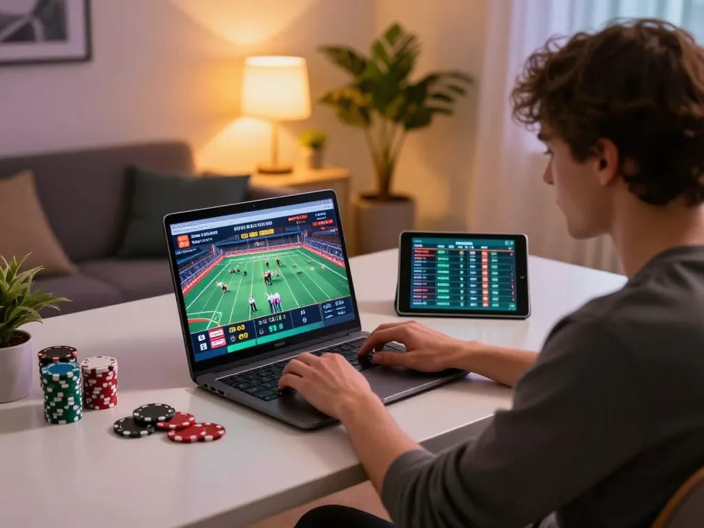Luck8 poker gameplay on a laptop in a cozy home office setting, emphasizing strategic engagement.