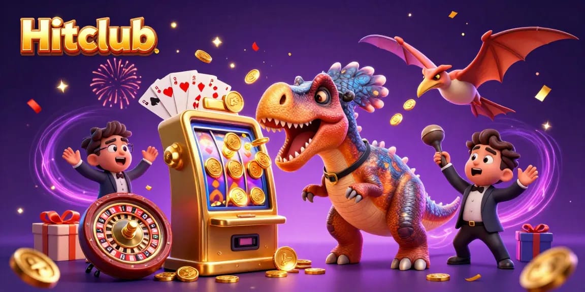 Hitclub's pachycephalosaurus activates a golden slot machine, showering coins in a vibrant casino scene.