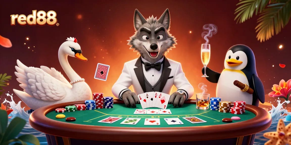 Experience the excitement of red88 with vibrant characters at a baccarat table, surrounded by poker elements and rich details.