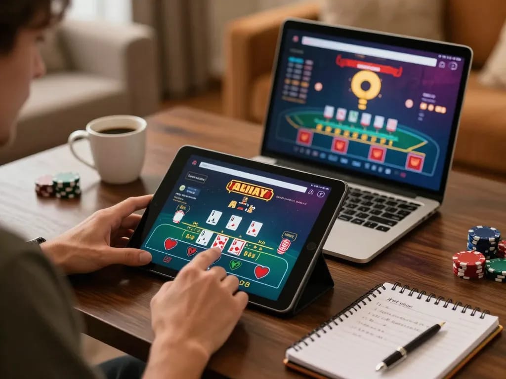 Engaging online blackjack gameplay on rik vip with player interacting on tablet surrounded by personal strategy notes.