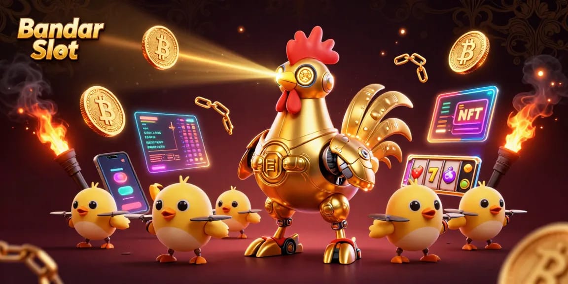 Bandar Slot menghadirkan rekayasa 3D yang menarik dengan robot ayam emas memimpin, dikelilingi koin kripto dan simbol slot.