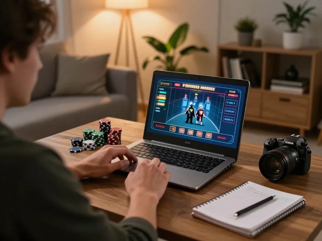 Engaged in online casino gaming, a cozy home scene showcasing goldleafrestaurant and strategic betting atmosphere.
