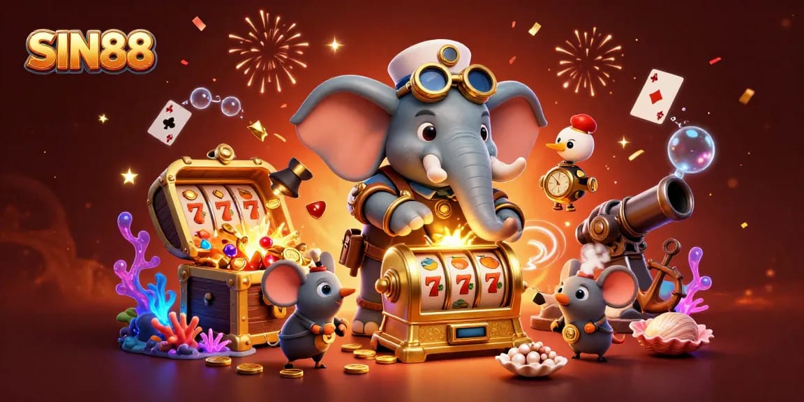 SIN88 slot machine adventure with steampunk elephant engineer and treasures bursting forth