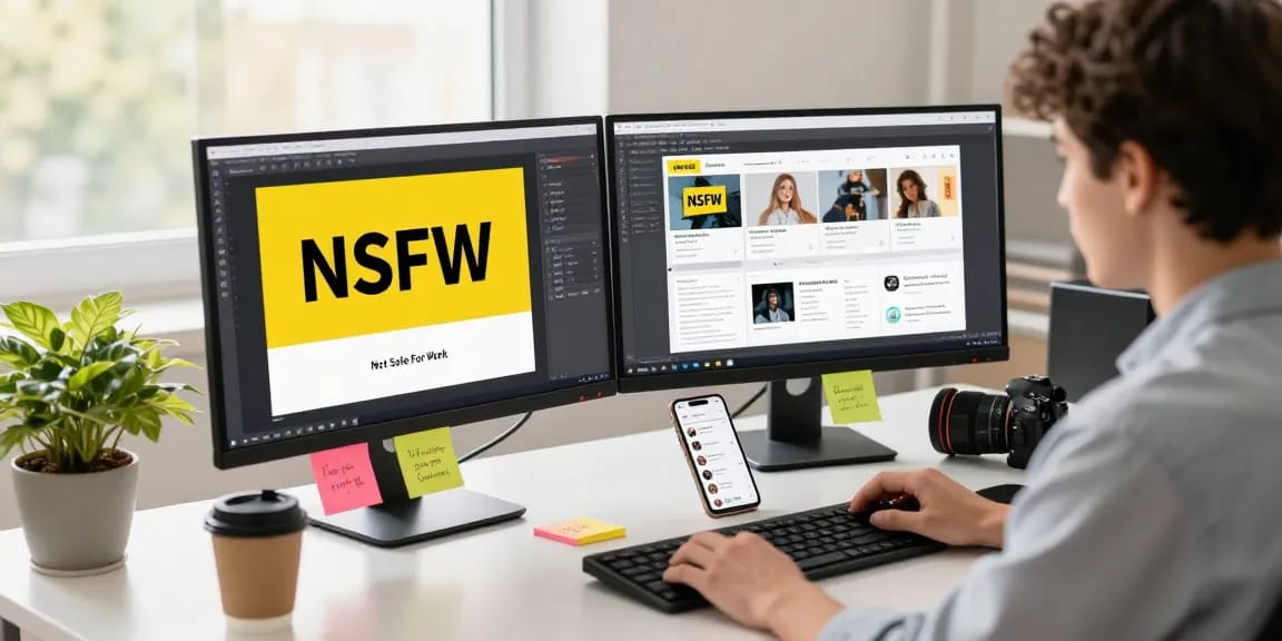 Engaging workspace showcasing NSFW digital content creation with dual screens and casual creator.