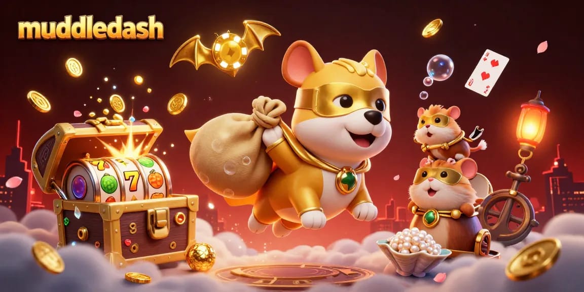 Catch the excitement of muddledash with a superhero dog flying over coins and casino elements!