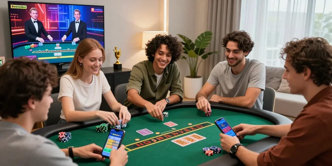 Exciting Betebet online casino scene with friends playing blackjack, showcasing the thrill of virtual gaming.