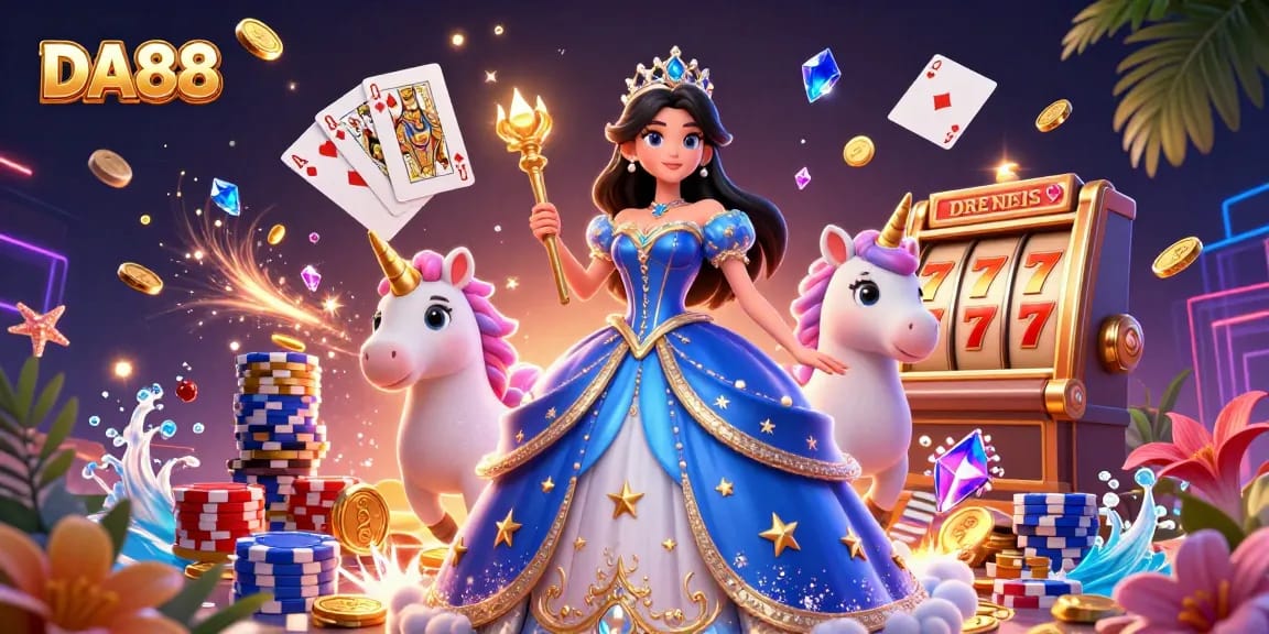 Experience the magic of DA88 with enchanting visuals of a glamorous casino scene featuring a royal character and lively game elements.