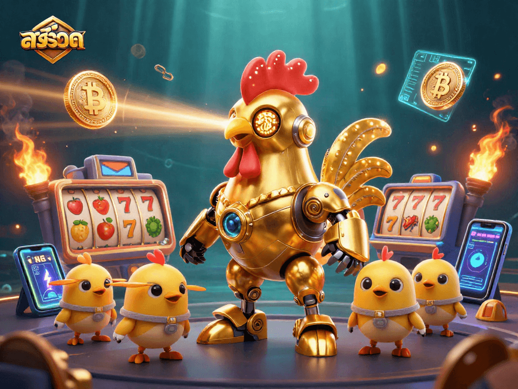 Engage with สล็อต in a vibrant 3D illustration showcasing a golden rooster robot amidst dynamic slot game elements.