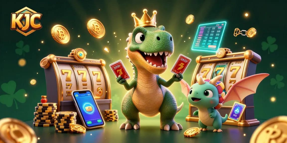 KJC showcases a vibrant casino scene with a friendly dinosaur dealing cards and stacking chips in a playful gambling atmosphere.