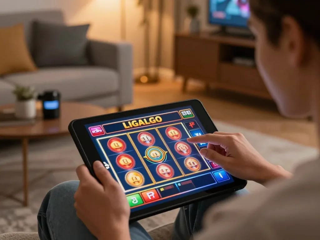 LIGALGO player spinning virtual slots on a tablet in a cozy home setting, engaging in responsible gaming.
