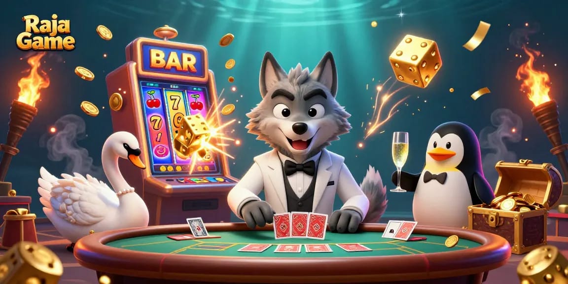 Join the exciting Raja Game experience with vibrant 3D casino characters and jackpot elements.