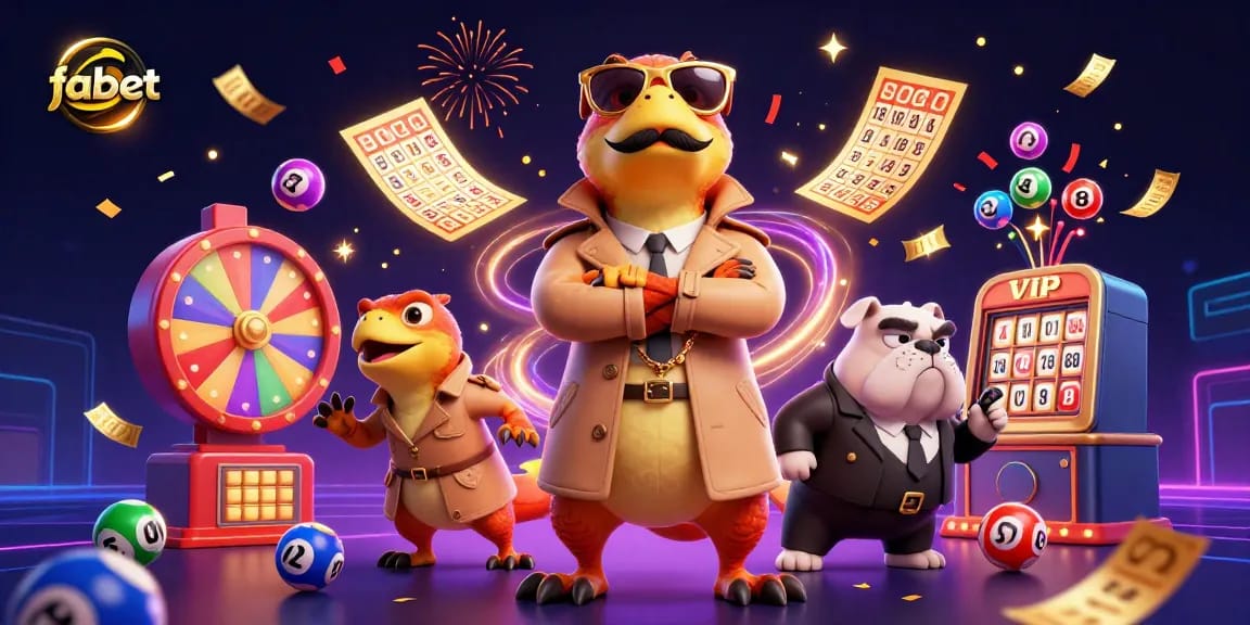 Engage in exclusive gaming experiences at fabet, featuring vibrant lottery elements and a comical raptor disguise.