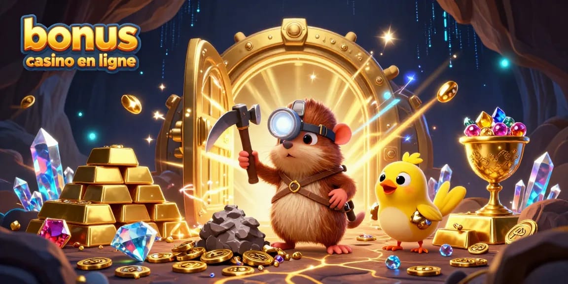 Rejoignez le taupe chasseur de trésors dans une scène vibrante mettant en avant les richesses des bonus casino en ligne avec des gemmes brillantes et des coffres dorés.