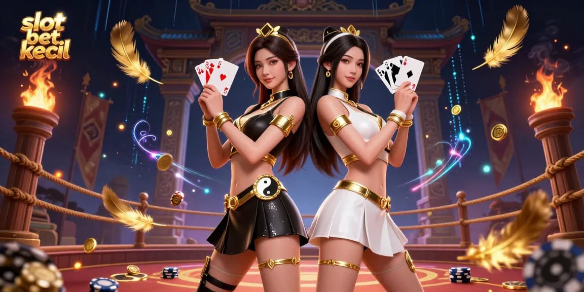 Engage with slot bet kecil strategies while enjoying dynamic gameplay showcased by twin Asian women in a vibrant casino setting.