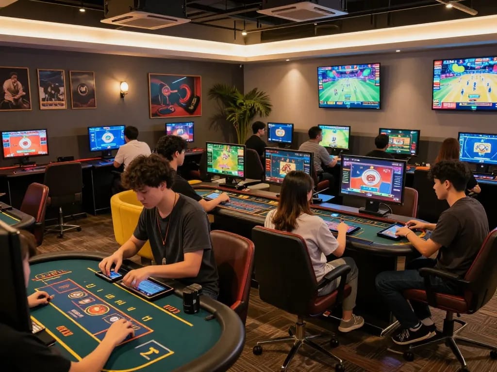 Players engaging with exciting casino games on the Kuwin platform in a vibrant gaming lounge.