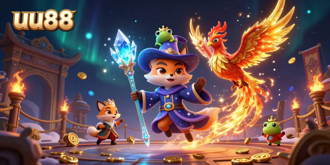 Engage with uu88, a vibrant scene of a wizard fox and phoenix amidst a dynamic casino atmosphere.