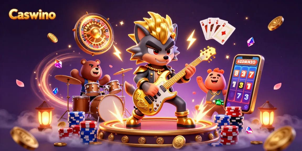 Caswino features a cartoon rock star wolf playing electric guitar in a vibrant casino scene.